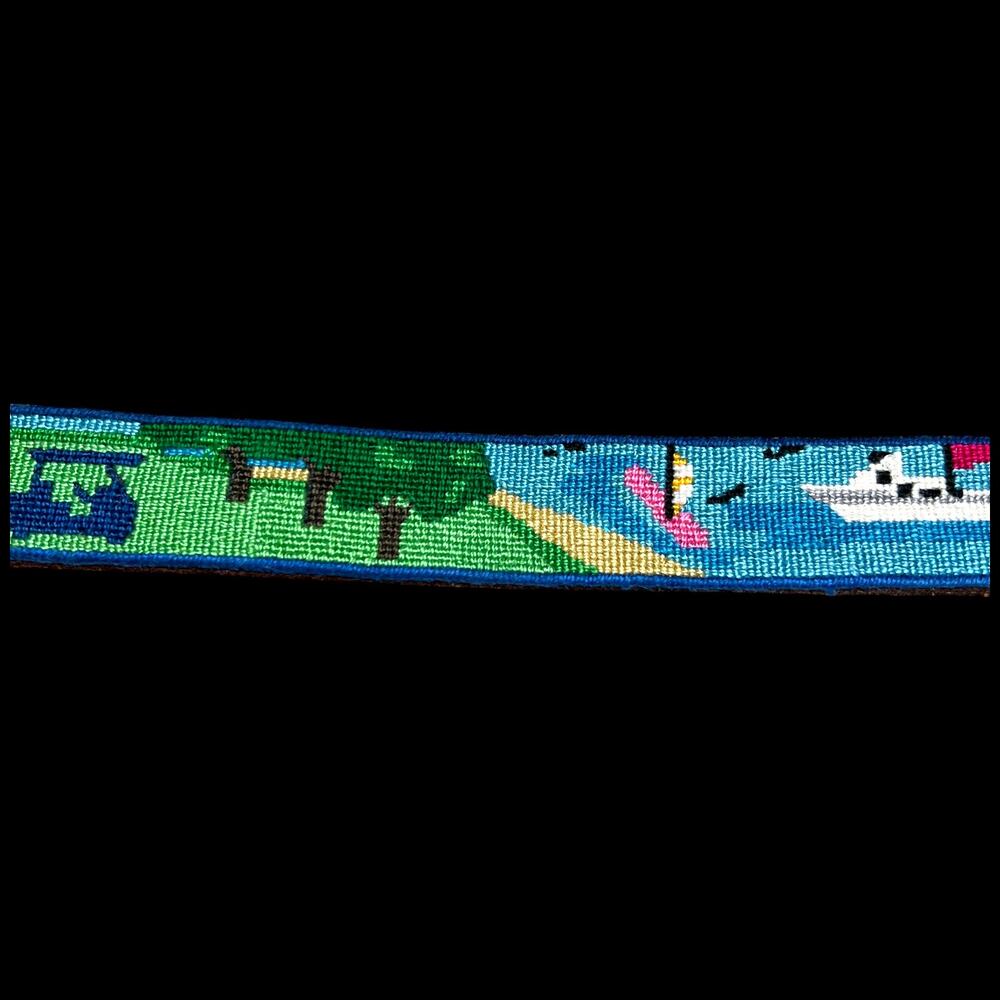 Needlepoint Leather Belt Size 38 Hand stitched Summer Fun Golfing Boating Home - Picture 6 of 12